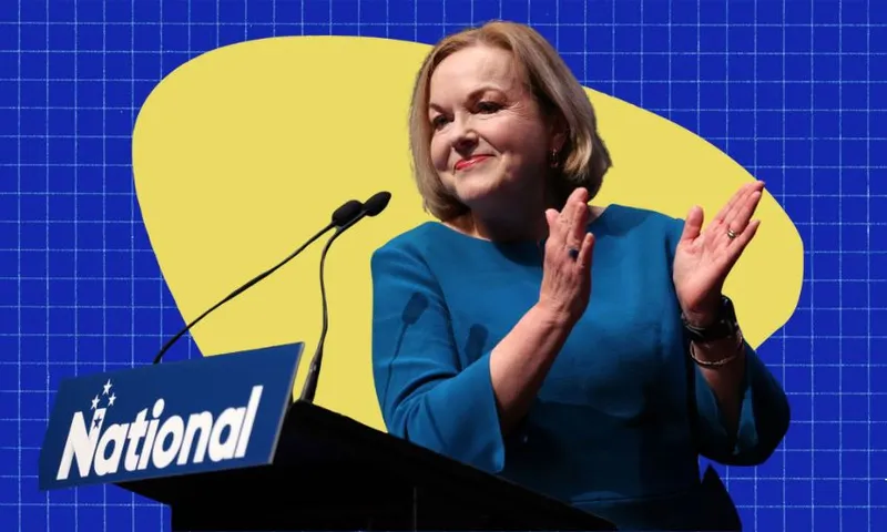A woman in a blue dress stands at a podium labeled "National," clapping her hands and smiling. The background is blue with a yellow abstract shape and a grid pattern.