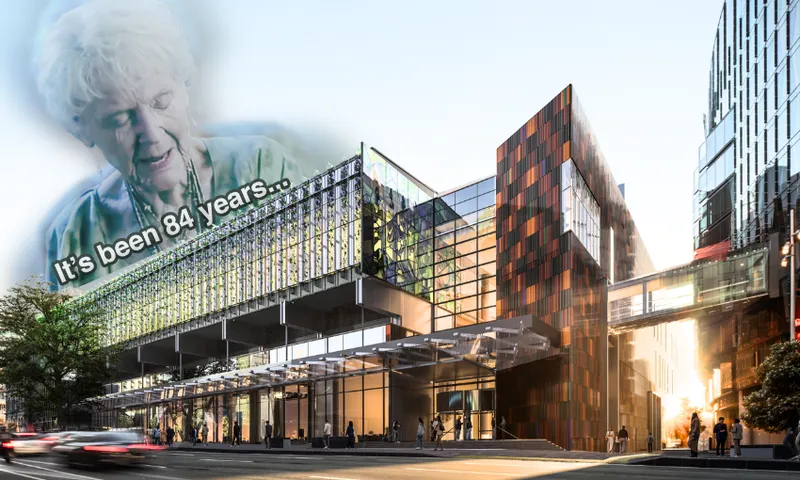 An elderly woman with the caption "It's been 84 years..." is shown in the sky above a modern glass building on a busy city street, referencing a famous meme.