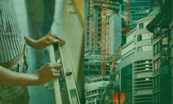 A split image shows a person pressing elevator buttons on the left and modern urban buildings with construction cranes on the right, both tinted green.