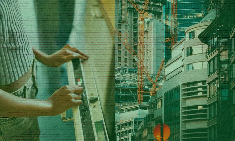 A split image shows a person pressing elevator buttons on the left and modern urban buildings with construction cranes on the right, both tinted green.