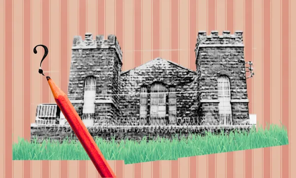 A black-and-white photo of a stone prison-like building with towers appears over green grass. In the foreground, a red pencil draws a question mark on a peach striped background.