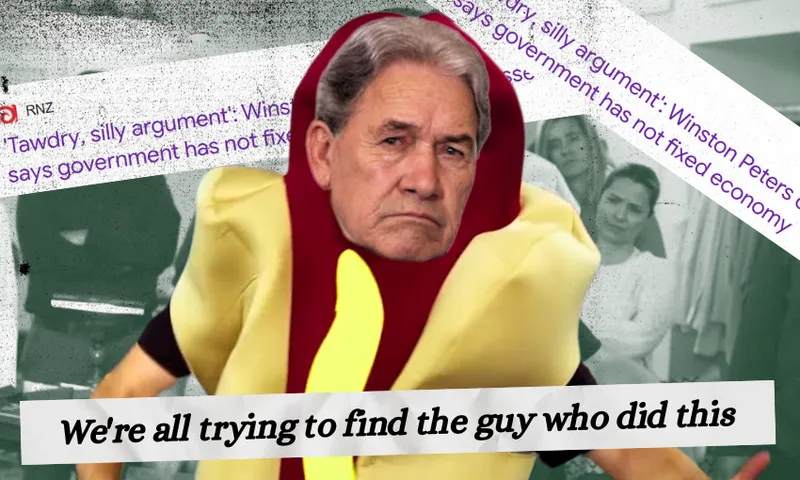 A man’s face, edited onto someone in a hot dog costume, stands before background headlines and the caption: "We’re all trying to find the guy who did this.