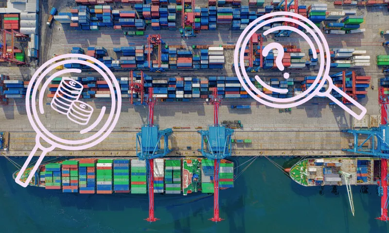 an image of a port from avobe with magnifying glasses over containers with money and questionmakrs inside suggesting investigation