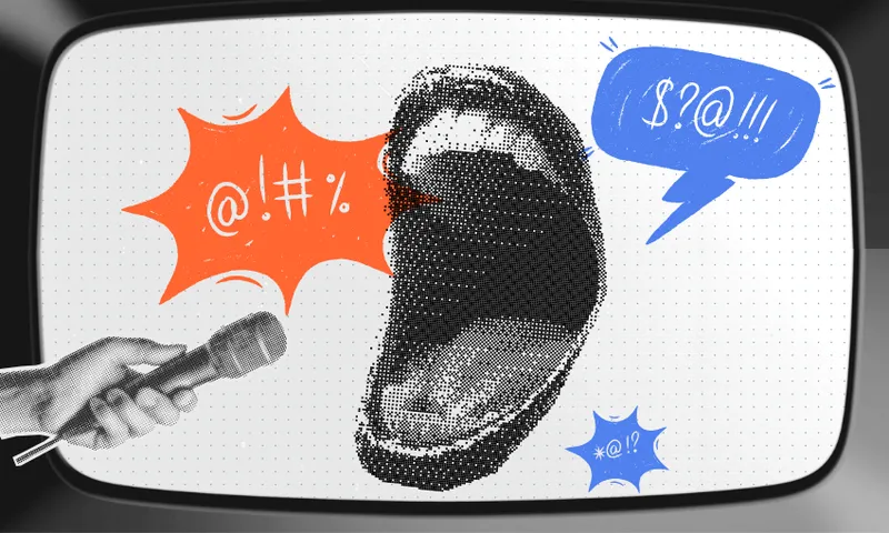 A stylized illustration of a large open mouth surrounded by colorful speech bubbles with symbols representing cursing, and a hand holding a microphone toward the mouth, all displayed on a retro TV screen.