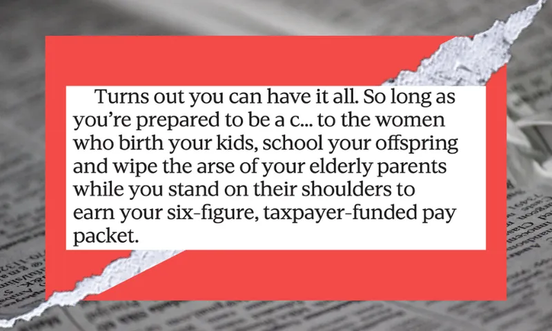 A torn red paper reveals text criticizing societal expectations placed on women, highlighting roles such as caregiving and supporting others while men achieve financial success. The background features blurred newspaper print.