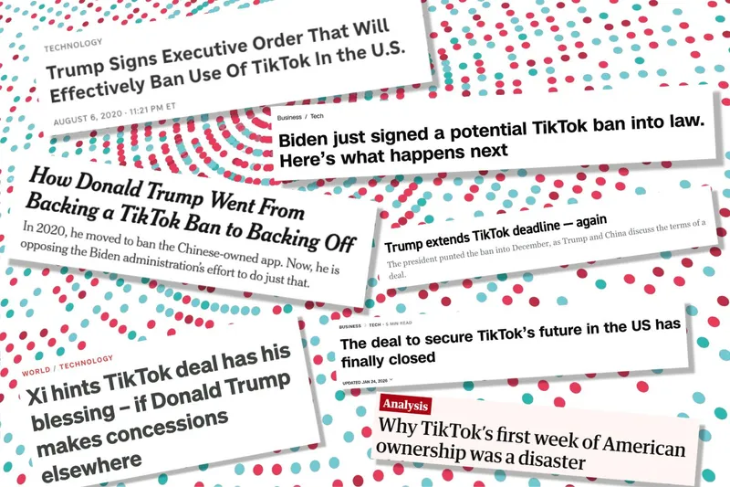 News headlines about the ongoing TikTok ban saga.