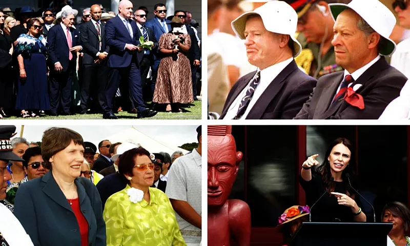 A collage of four photos: top left, a group of people in formal attire stand outdoors; top right, two men in suits and white hats sit; bottom left, two women, one in a green jacket, stand outside; bottom right, a woman speaks at a podium.