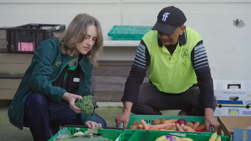 Two people sort fresh vegetables, including carrots and broccoli, into green crates outdoors. One person wears a green jacket, the other a fluorescent yellow vest and black cap. They appear focused on organizing the produce.