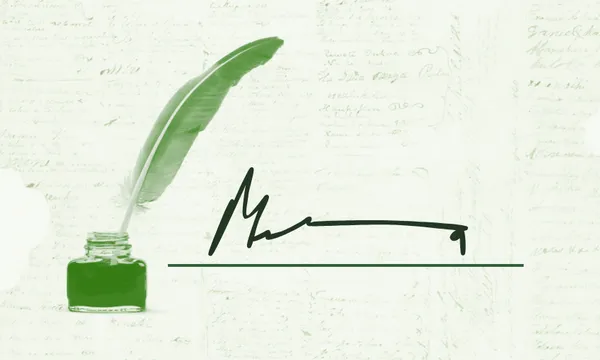 A green-tinted image of a quill pen in an ink bottle beside a flowing signature, with faint handwritten text in the background.