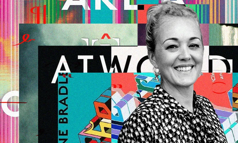 A black and white photo of Gina Butson who is a young woman. She is smiling and wearing a spotted top. Behind her is a collage of book covers.