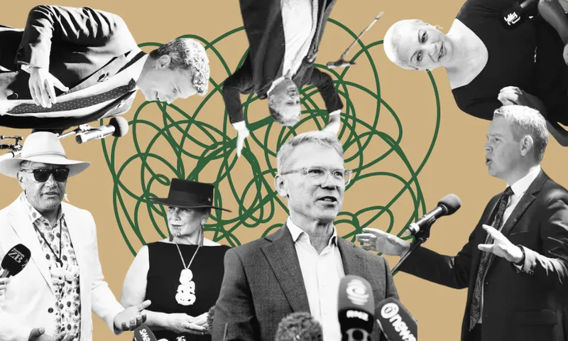 A collage of various people giving speeches or gestures at microphones, arranged around a tangled green scribble on a tan background, symbolizing confusion or complexity in communication or debate.