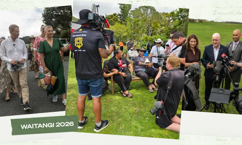 A collage shows people walking together holding woven bags, a group seated outdoors being filmed by media crews, and a press conference with speakers and microphones. Text reads "WAITANGI 2026.