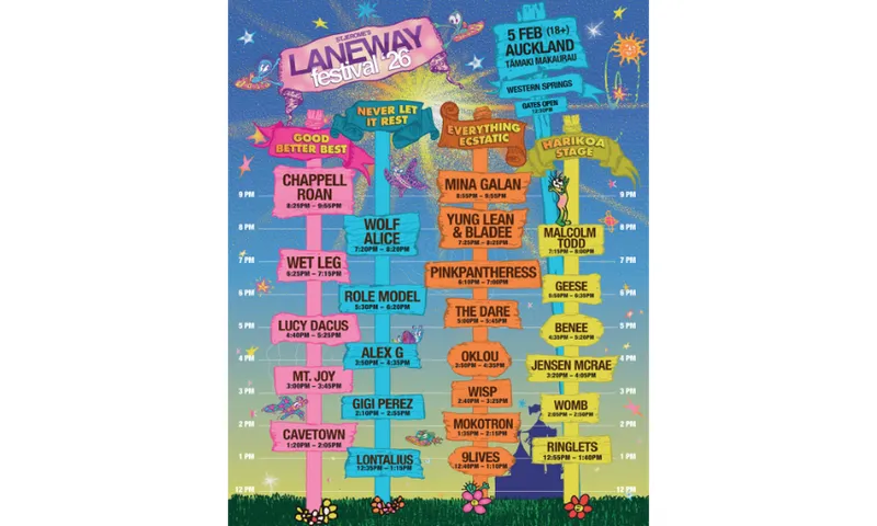 The poster image showing the line up and times for the acts at the 2026 Laneway Festival in Auckland. It is a bright poster with four vertical lines each with the names of musicians on them and the time they're playing.