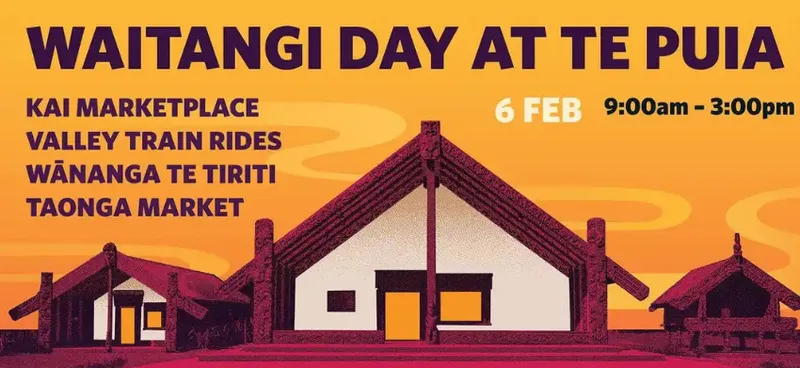 A promotional banner for Waitangi Day at Te Puia showing the illustration of a wharenui and with words detailing the event.