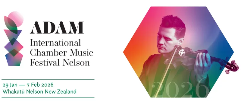 A promotional banner for the Adam Chamber Music Festival which shows a photo of a man playing the violin.