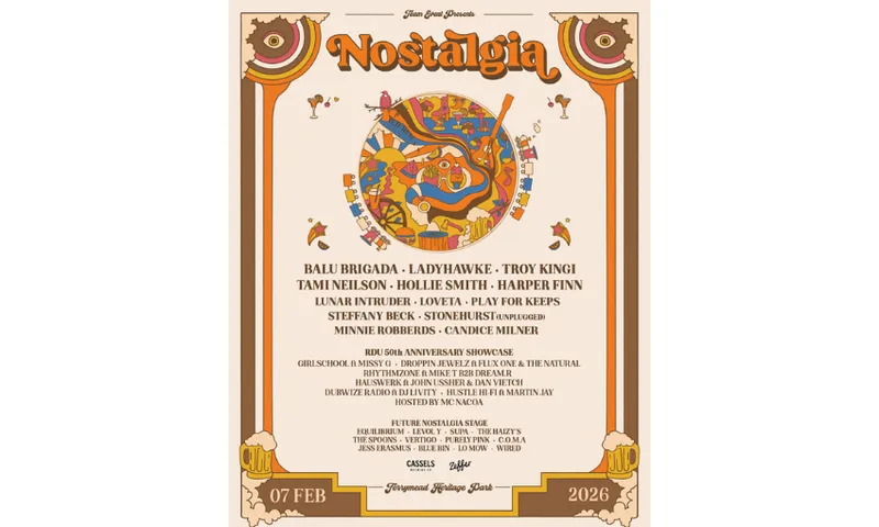 The poster for the Nostalgia festival which has an ornate border and the music line up.