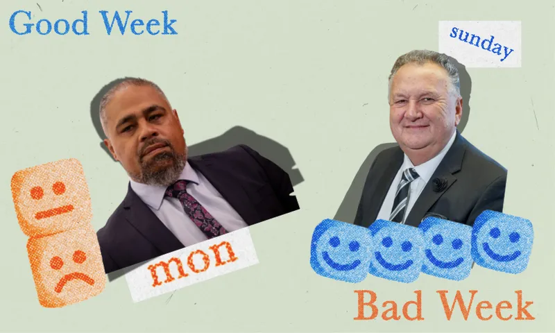 A graphic with “Good Week” in blue and “Bad Week” in orange. On the left, a serious man labeled "mon" with sad faces. On the right, a smiling man labeled "sunday" with happy faces.