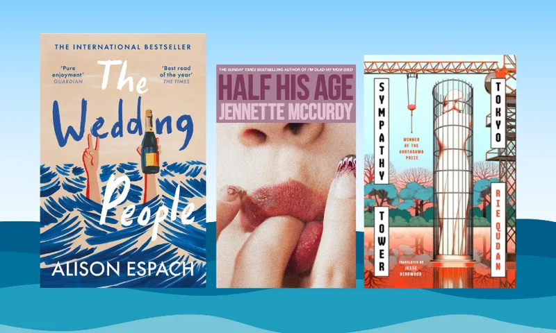 Three book covers side by side with an illustration of the sea and sky behind them.