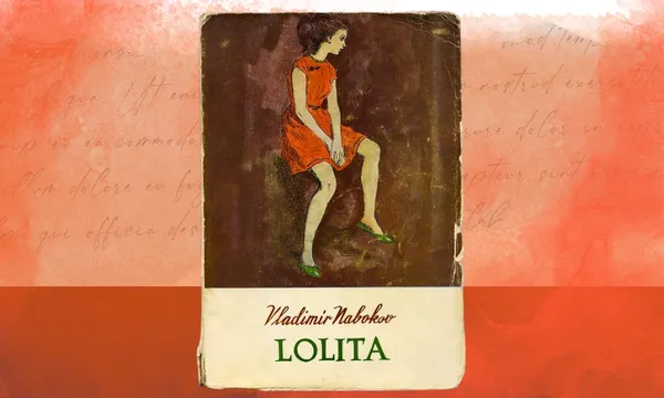 A cover for the novel Lolita showing a painting of a young woman in a red dress. The background shows faint writing with a red wash over top.