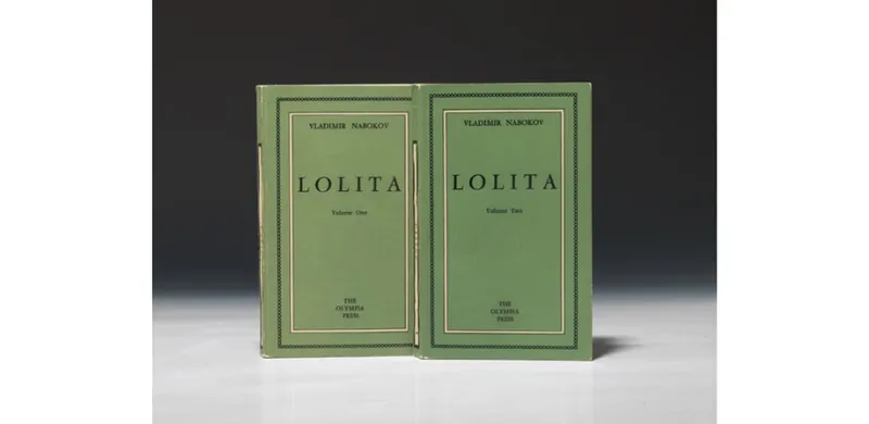 First editions of the novel Lolita. There are two volumes, both green, standing side by side.