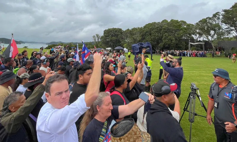 A large crowd stands outdoors on a grassy field, many raising their fists or holding phones. Some people wave flags. Trees and a cloudy sky are in the background. A few security personnel and a camera are visible on the right.