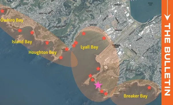 A map of Wellington’s southern coast shows bays labeled Owhiro Bay, Island Bay, Houghton Bay, Lyall Bay, and Breaker Bay, marked by red stars, with a pink star near Breaker Bay and “THE BULLETIN” text on the right.
