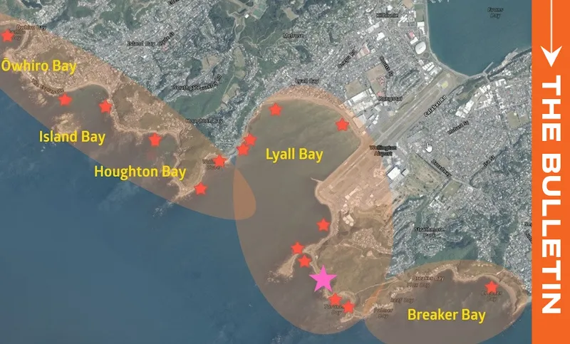 A map of Wellington’s southern coast shows bays labeled Owhiro Bay, Island Bay, Houghton Bay, Lyall Bay, and Breaker Bay, marked by red stars, with a pink star near Breaker Bay and “THE BULLETIN” text on the right.