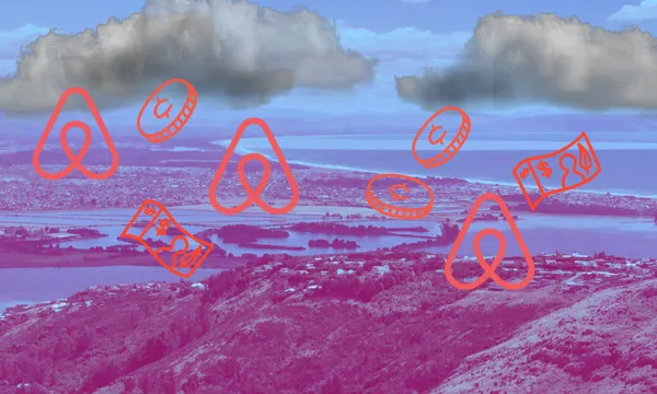 a purple bacground of christchurch with the airbnb logo