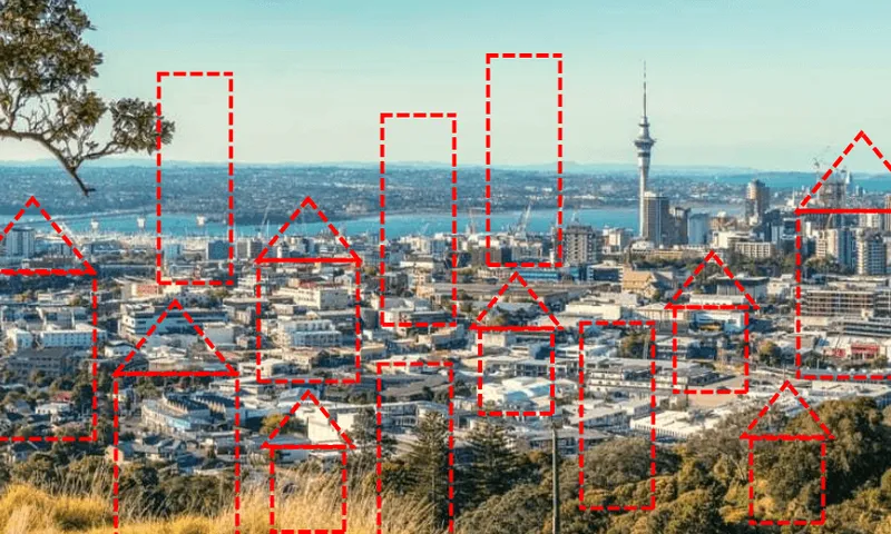 A cityscape with red dashed outlines of arrows and building shapes overlaid, suggesting growth or rising development, with a prominent tower in the background and a tree partly visible on the left side.