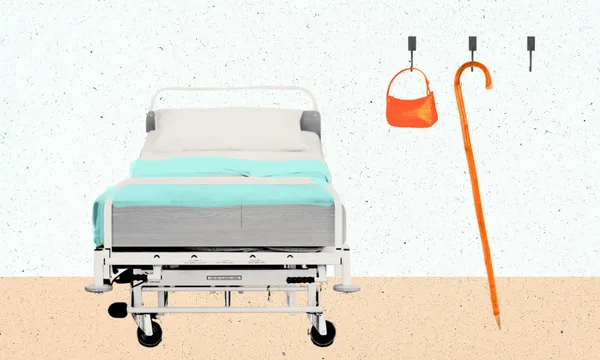 Hospital bed and walking stick