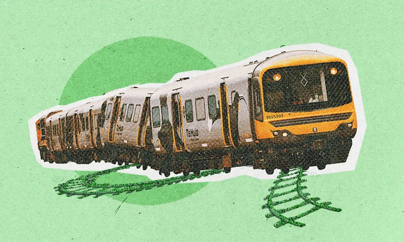 A modern yellow and silver train is shown traveling on curving, distorted tracks against a textured green background with a darker green circle behind it.