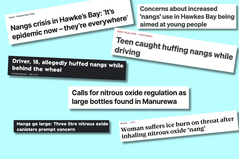 Recent local news headlines about nitrous oxide abuse.