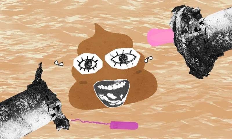 A cartoon poop emoji with exaggerated eyes and mouth smiles between two burnt cigarette butts and a pink tampon against a textured brown background.