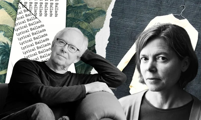 A black and white photo of Bill Manhire who is reclining with one hand behind his head (still seated on a couch) and beside him a black and white photo of Jenny Bornholdt who has short hair. Behind them is a collage of images from their book covers.