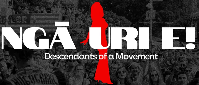 A banner for Auckland Pride Month which shoes a red silhouette of a drag queen with the words ngā uri e! overlaid.