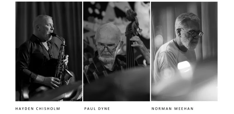 Three black and white photos of musicians side by side with their names as captions under each.
