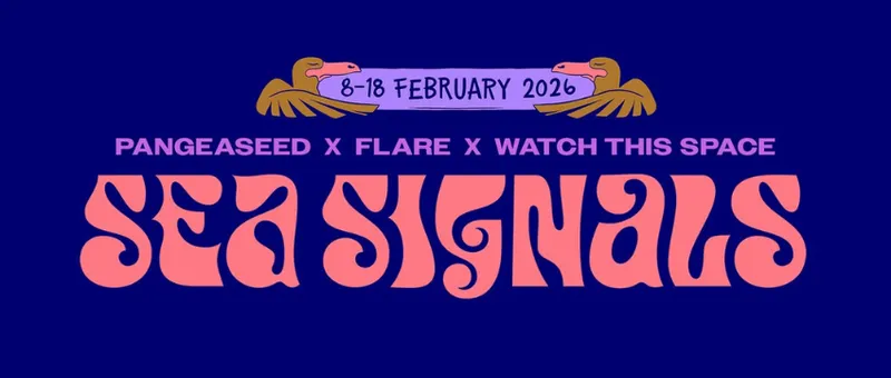 A promotional banner for Sea Signals, a mural festival. The banner is deep purple with pink, seahorse font.