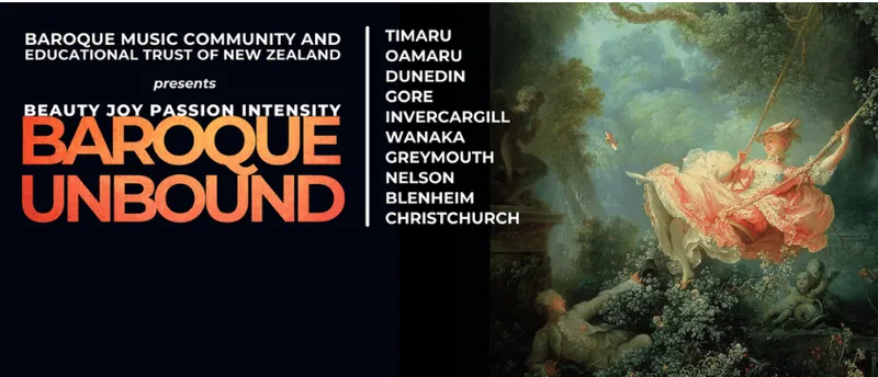 The promotional banner for the Baroque Unbound concert tour which shows a baroque painting of a girl on a swing.