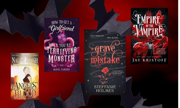 A dark red and black background with four papery bats is covered by four book covers, all paranormal romance titles.