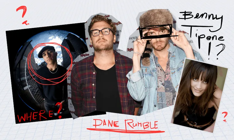 A collage of four people: a person in a bucket hat circled with "WHERE?" in red, a man in glasses and plaid shirt, a man in a fur hat with "Benny Tipene!?" above him, and a smiling woman with long brown hair.
