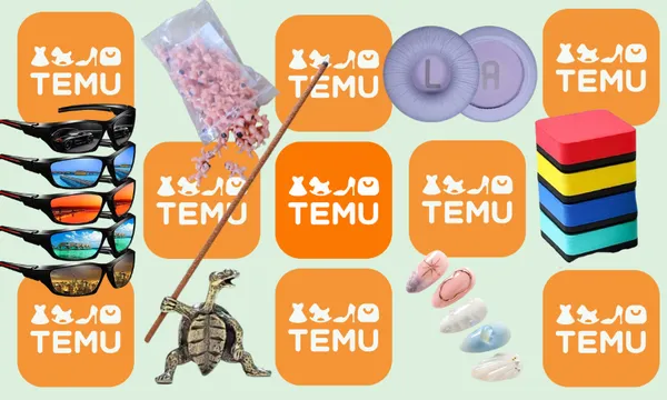 a green background showing different stuff on temy like a turle incense holder and sunglasses overlapping with the logo of the company