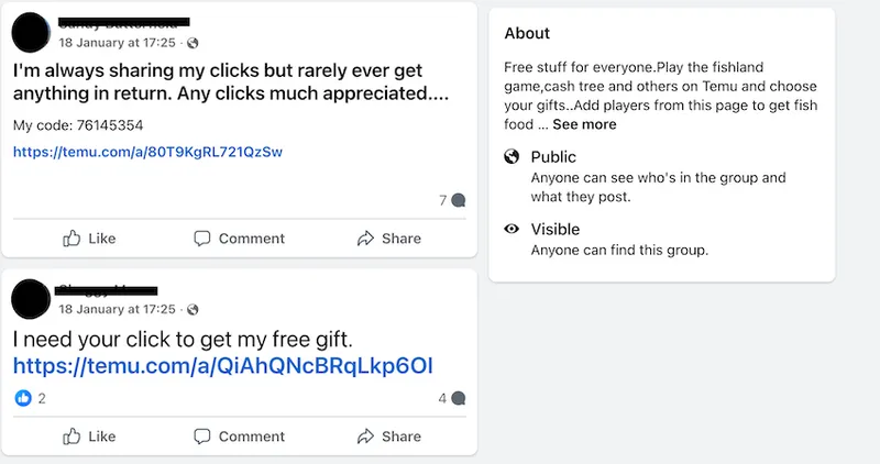 a scereenshot of people on a facebook group asking for free codes for Temu
