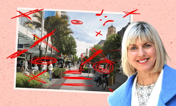 A smiling blonde woman in a blue coat is in the foreground. Behind her is a city street scene with people walking and trees lining the walkway. Red scribbles and marks overlay the background image.