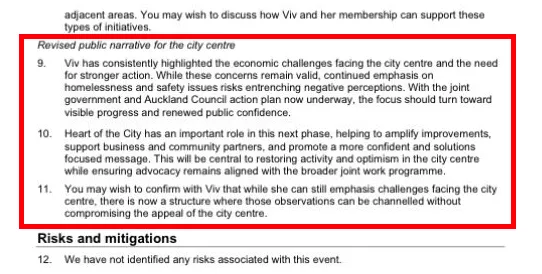 A screenshot of a document section titled "Revised public narrative for the city centre," with three numbered points discussing city centre challenges, the Head of City's role, and advice to revise the public message.