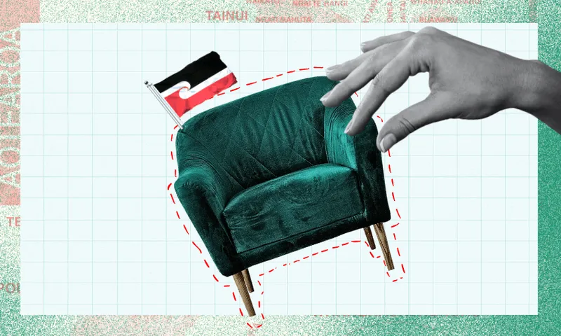 A green velvet armchair with a small black, red, and white flag on its backrest is shown. A large hand hovers above the chair, and the background features a light blue grid pattern with textured borders.