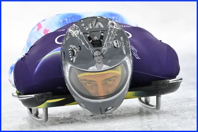 Ukraine skeleton racer Vladyslav Heraskevych wearing the helmet that led to his disqualification