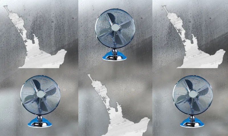 Four electric fans are placed in front of foggy glass, which features the outline of a map of the northern North Island, New Zealand, repeated in the background. Condensation droplets cover the glass.