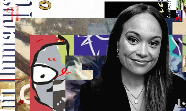 A black and white photo of Arena Williams, a young Māori woman with long hair. Behind her is a collage of book covers.