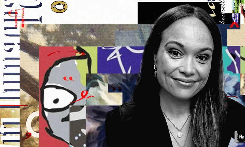A black and white photo of Arena Williams, a young Māori woman with long hair. Behind her is a collage of book covers.