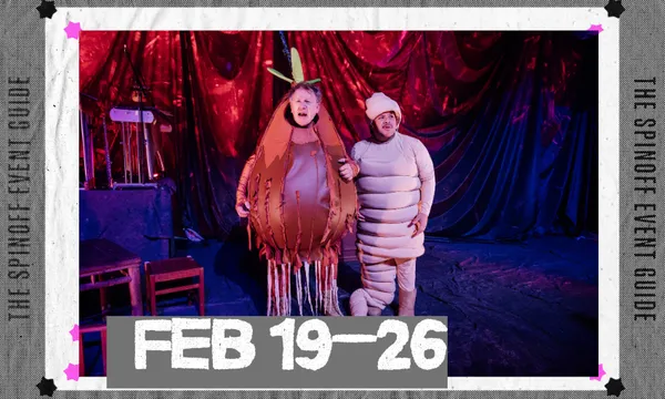 A promotional banner for The Event Guide which shows a photo of a stage show called The Worm in which one actor is dressed as a worm and another as a fruit.